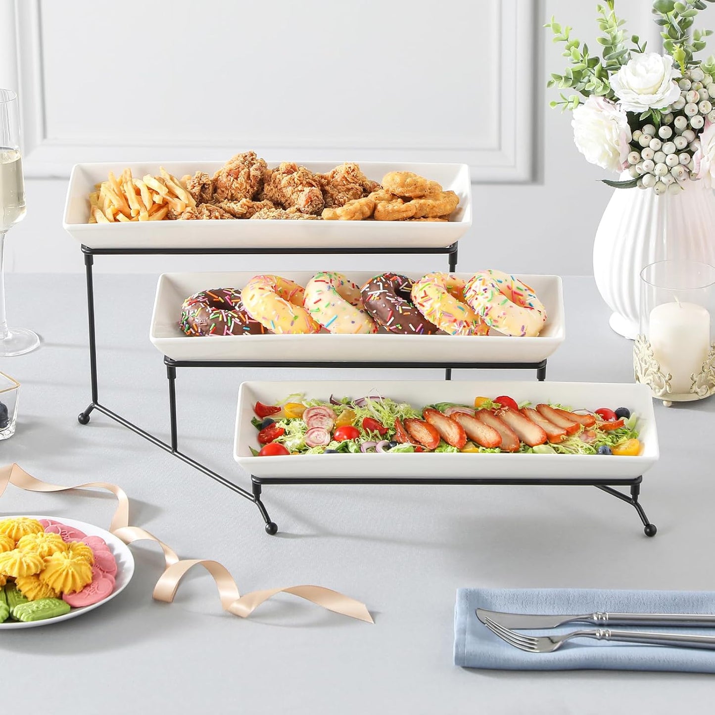 MALACASA 3 Tier Serving Tray, Porcelain Tiered Cupcake Stand, Ceramic Elevated Serving Platter with