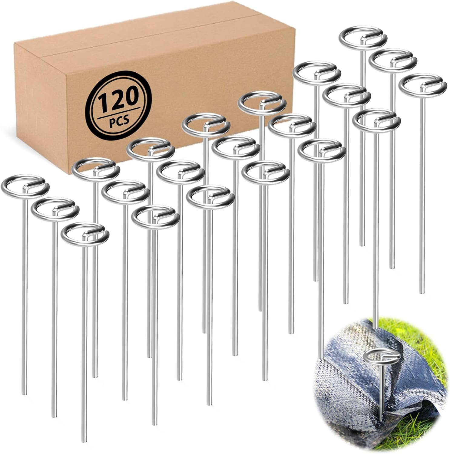 120 Pack Heavy Duty 8 Gauge Galvanized Landscape Fabric Pins, 6 Inch G-Shaped Round Top Weed