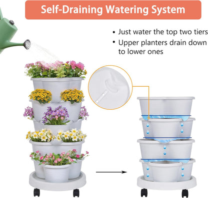 VECELO 5 Tier Vertical Garden Planter, Self Watering Stackable Planters with Wheels for
