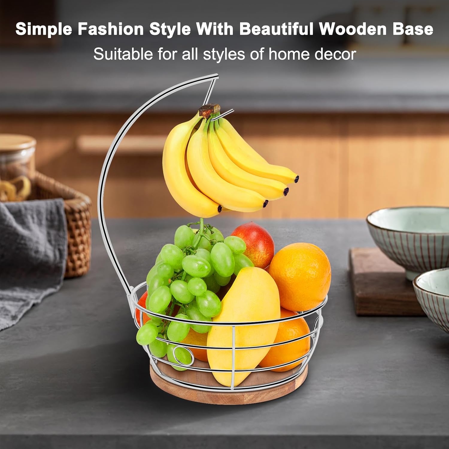 Livabber Countertop Fruit Basket Bowl with Banana Hanger, Modern Standing Fruit Vegetable Bowl