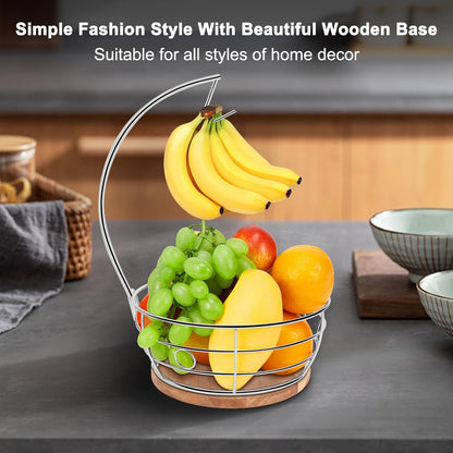 Livabber Countertop Fruit Basket Bowl with Banana Hanger, Modern Standing Fruit Vegetable Bowl