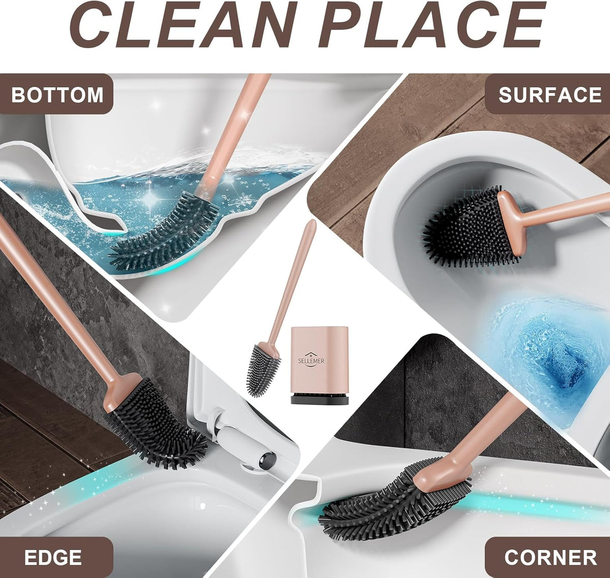 Sellemer Toilet Brush and Holder Set - Flexible Toilet Bowl Brush Head with Silicone Bristles