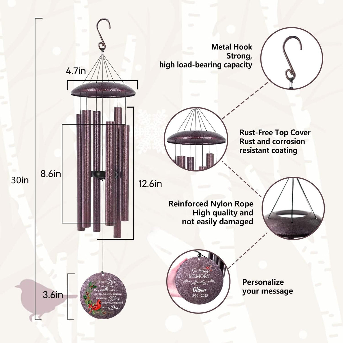 ASTARIN Personalized Cardinal Wind Chime Memorial, Customized Sympathy Wind Chimes for Loss of