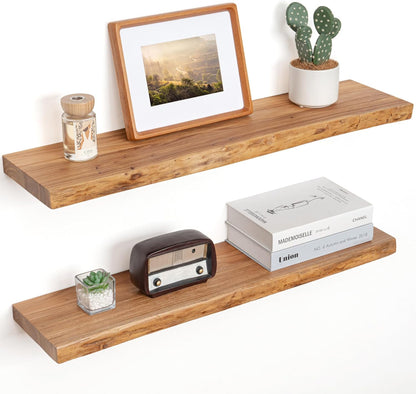 Floating Shelves for Wall Decor, Rustic Solid Elm Wood Live Edge Floating Shelves Wall Mounted
