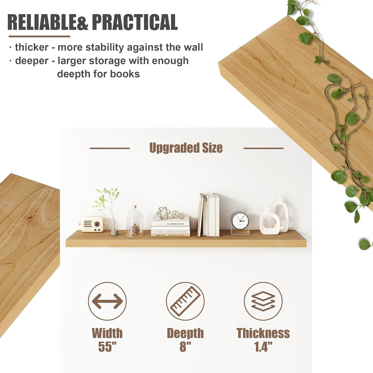 Floating Shelves for Wall, USA-Sourced Brich Wood 55 Inch Long Wall Shelves, Natural Wooden Mounted