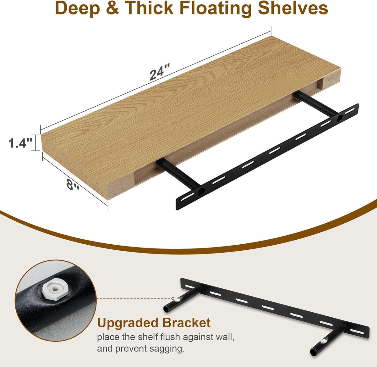 Floating Shelves for Wall, 8 Inch Deep Floating Shelves, 24"W x 8"D Wall Shelves Set of 2, Rustic