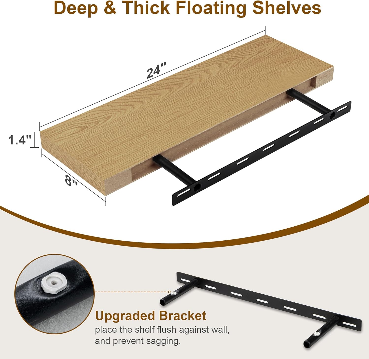 Floating Shelves for Wall, 8 Inch Deep Floating Shelves, 24"W x 8"D Wall Shelves Set of 2, Rustic