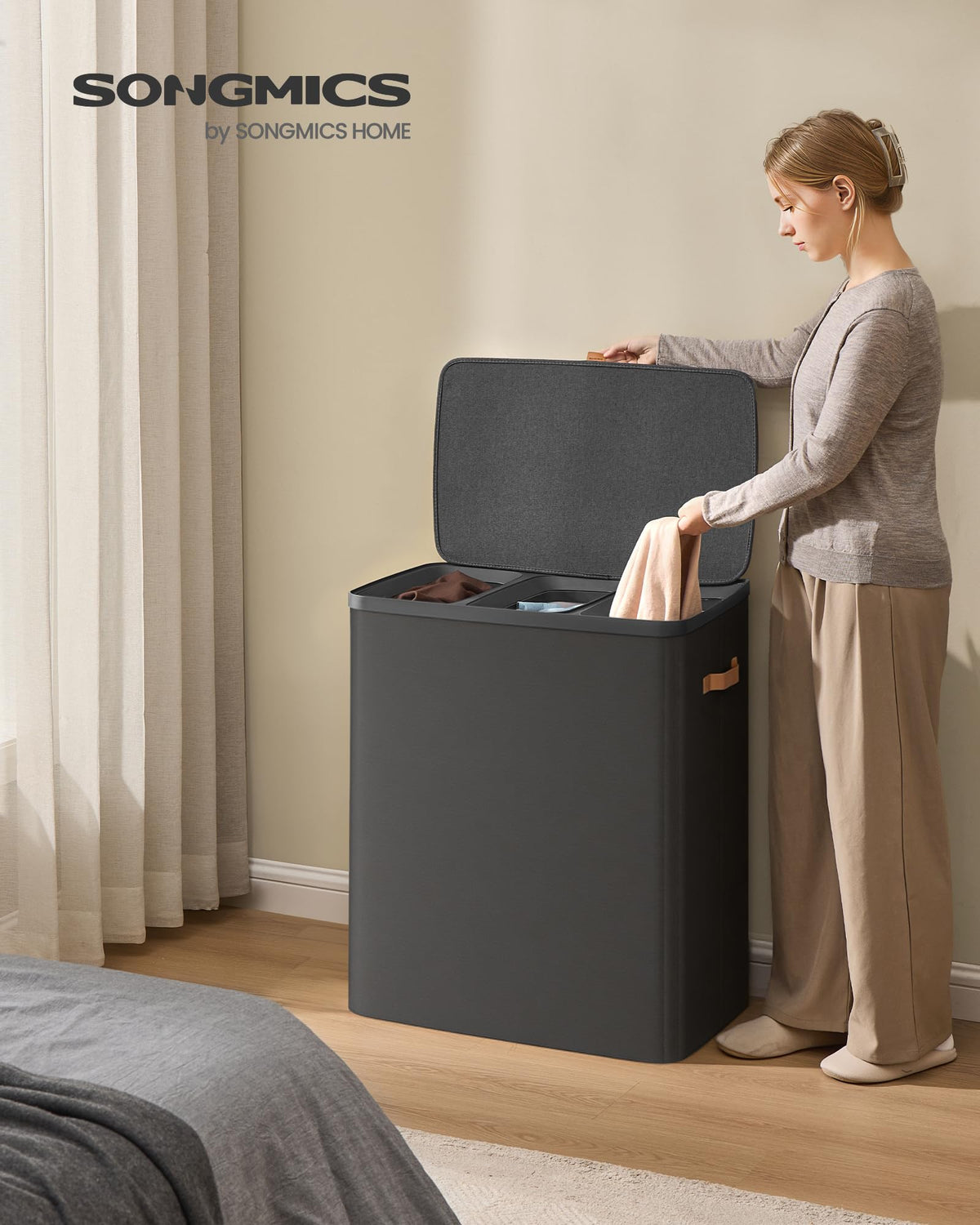 SONGMICS Laundry Basket, 50.2 Gal. Laundry Hamper, 3 Compartments, Easy Assembly, with Lid and