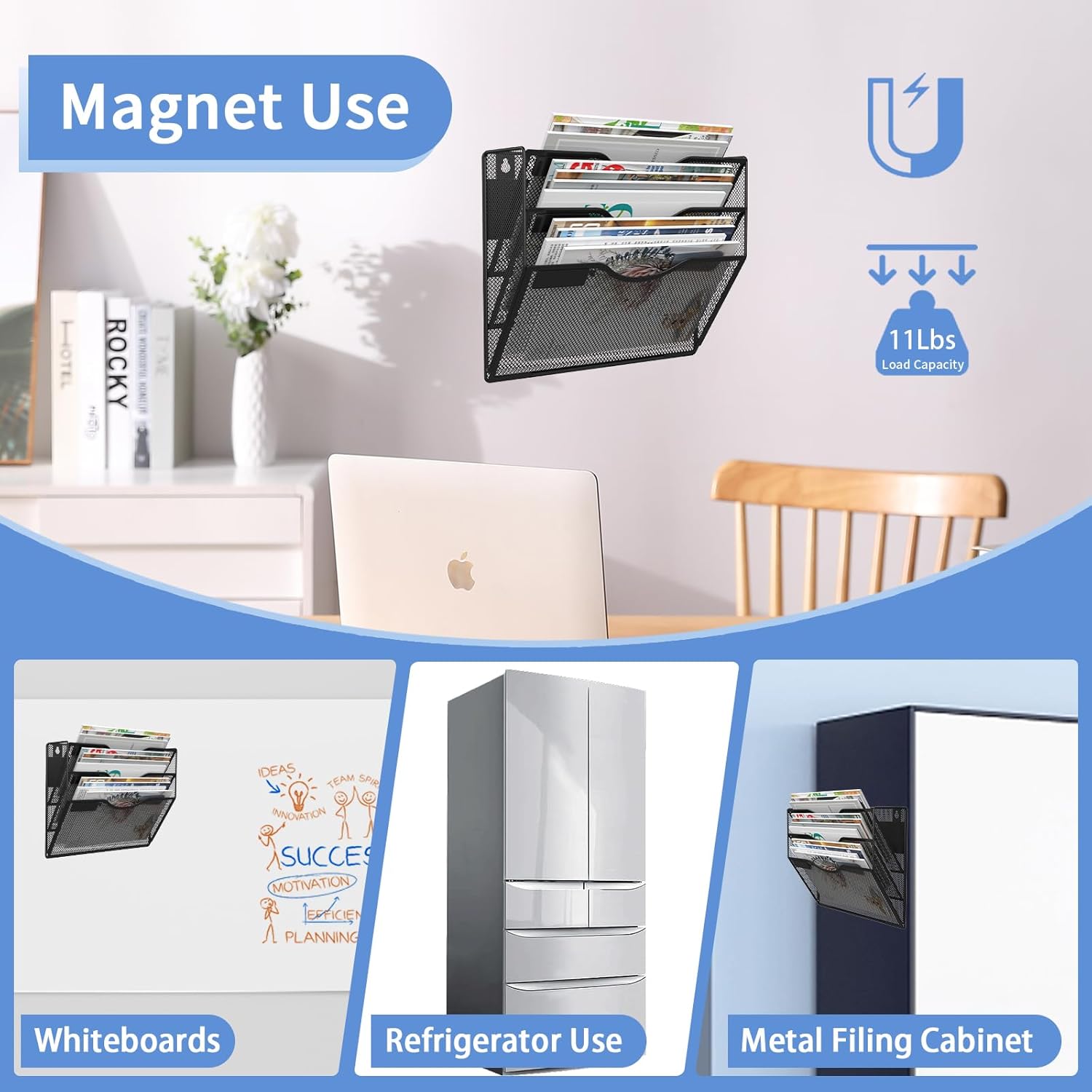 3-Tier Magnetic File Holder, No Drilling Installation File Cabinet Organizer, Black Magnetic File