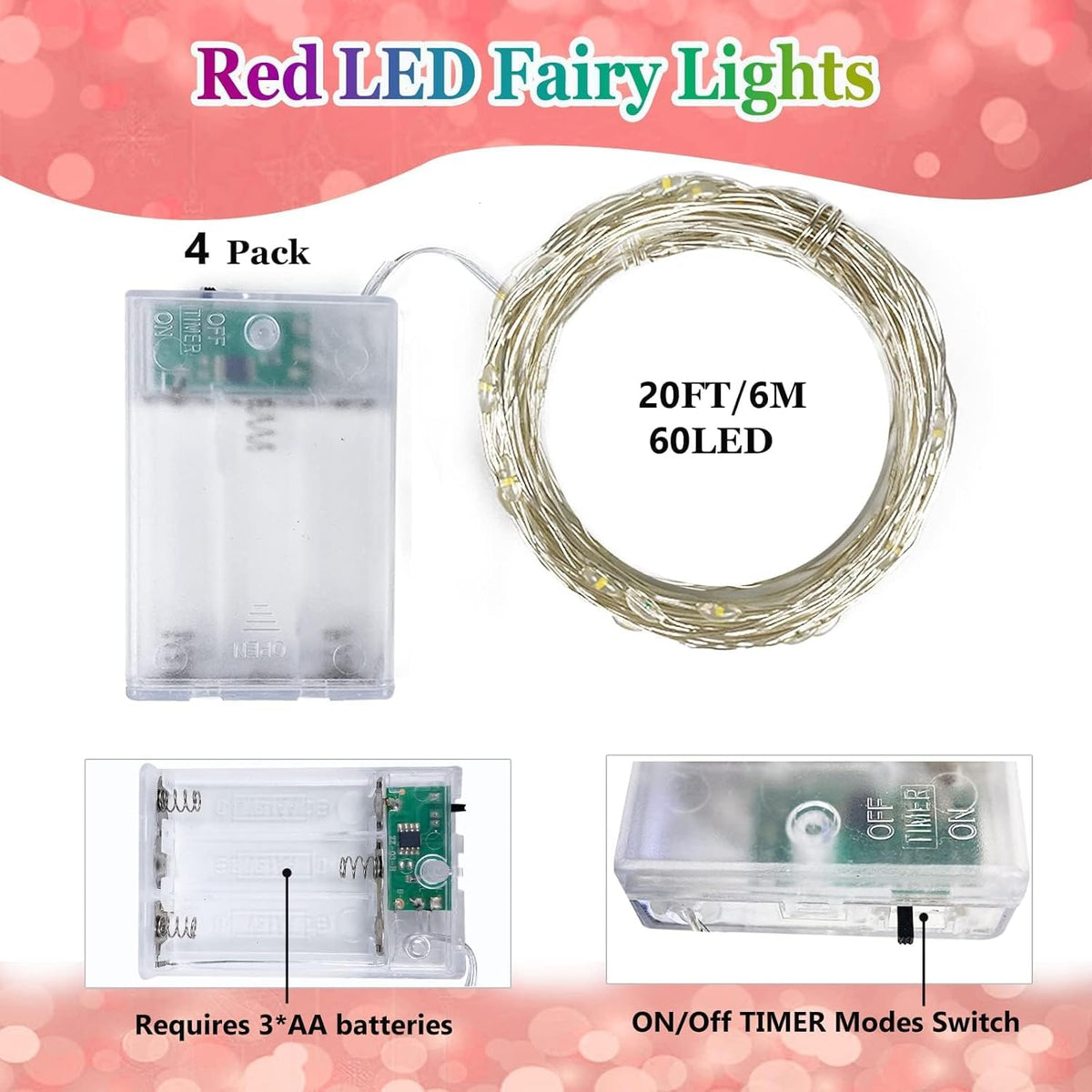 Red and White Bttery Operated Christmas Lights,4 Pack Fairy Lights Battery Operated with