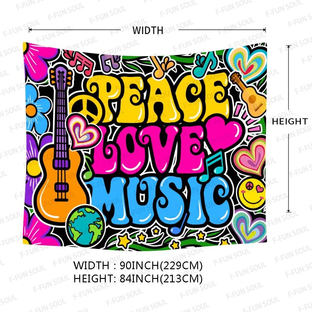 F-FUN SOUL Peace Love and Music Tapestry, 90x84inches Soft Flannel, Guitar Symbol Dove Flowers