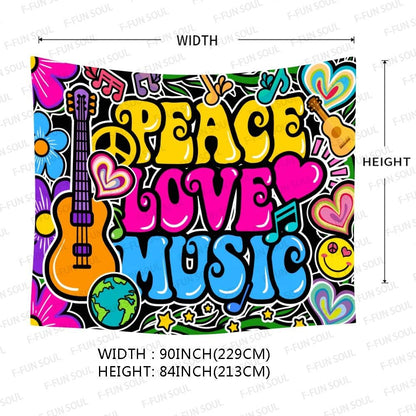 F-FUN SOUL Peace Love and Music Tapestry, 90x84inches Soft Flannel, Guitar Symbol Dove Flowers