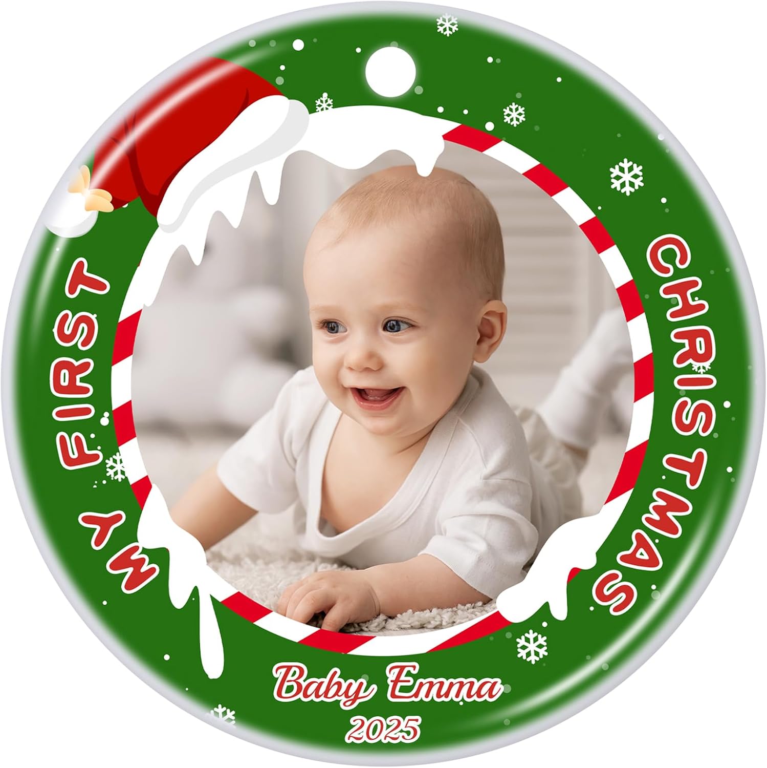 Personalized Baby's First Christmas Ornament 2025, Ceramic Custom Photo Text Christmas Ornament