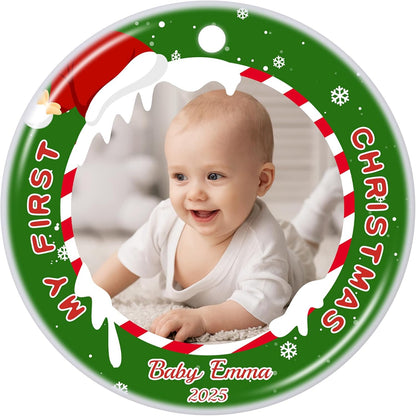 Personalized Baby's First Christmas Ornament 2025, Ceramic Custom Photo Text Christmas Ornament