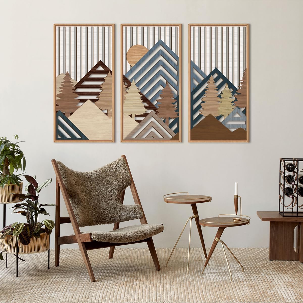 IARTTOP Large Mountain Wood Wall Art 16"x32"x3 Abstract Forest Wall Sculpture Geometric Boho Sunset