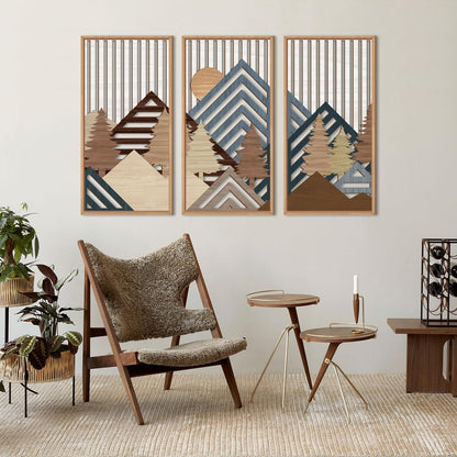 IARTTOP Large Mountain Wood Wall Art 16"x32"x3 Abstract Forest Wall Sculpture Geometric Boho Sunset
