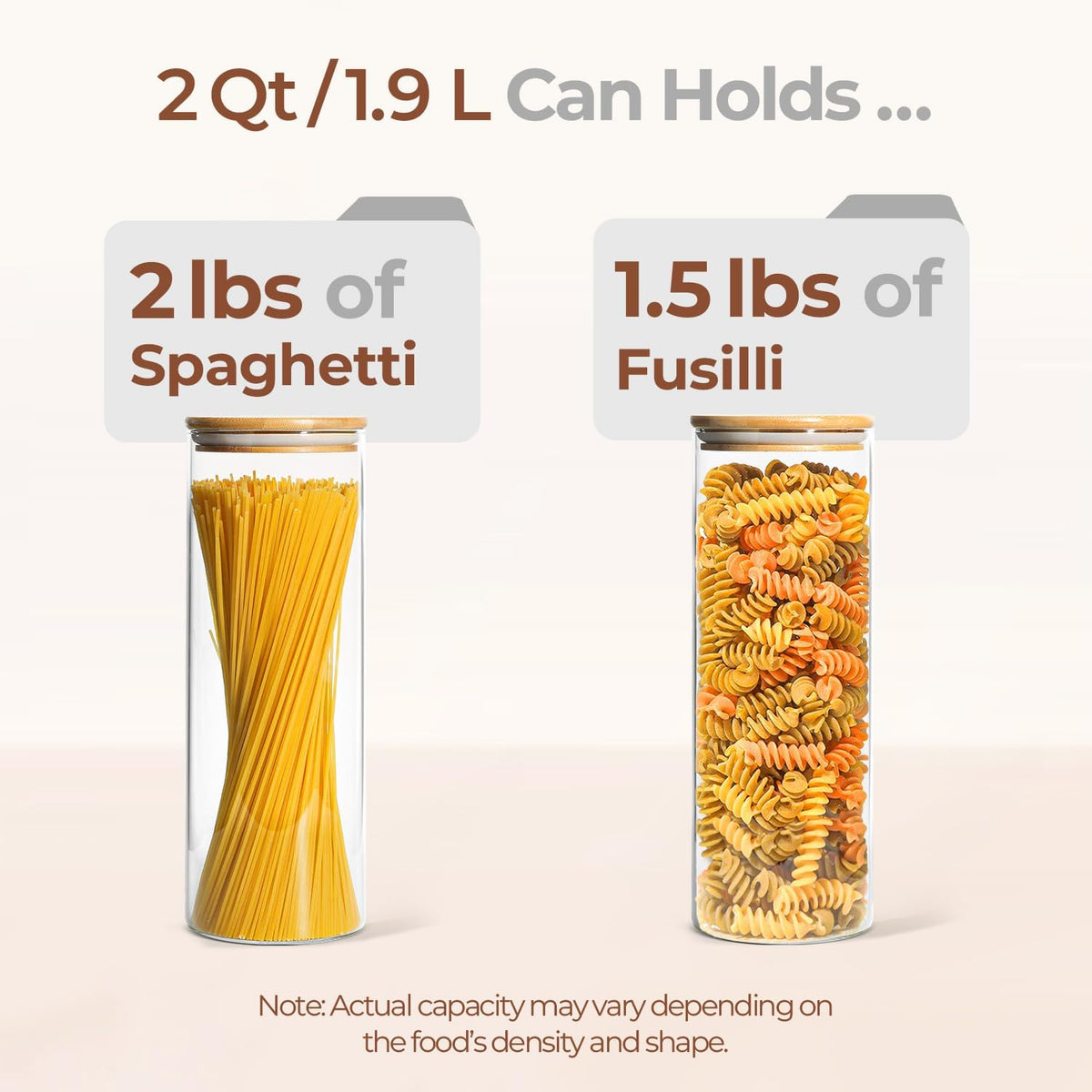 ComSaf Glass Spaghetti Pasta Storage Container with Lids 2 Qt Set of 3, Tall Clear Airtight Food