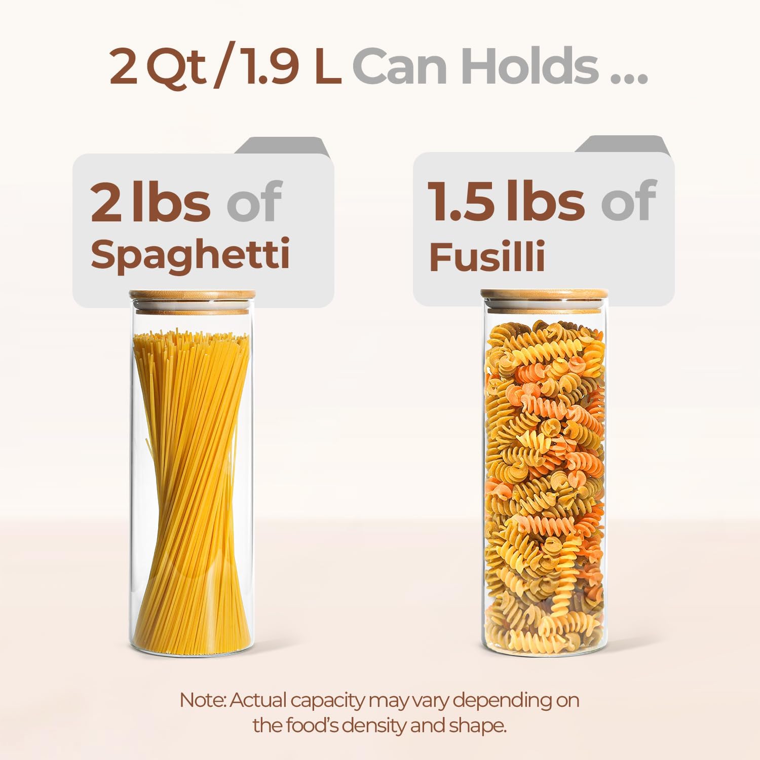 ComSaf Glass Spaghetti Pasta Storage Container with Lids 2 Qt Set of 3, Tall Clear Airtight Food
