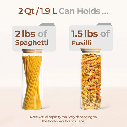 ComSaf Glass Spaghetti Pasta Storage Container with Lids 2 Qt Set of 3, Tall Clear Airtight Food
