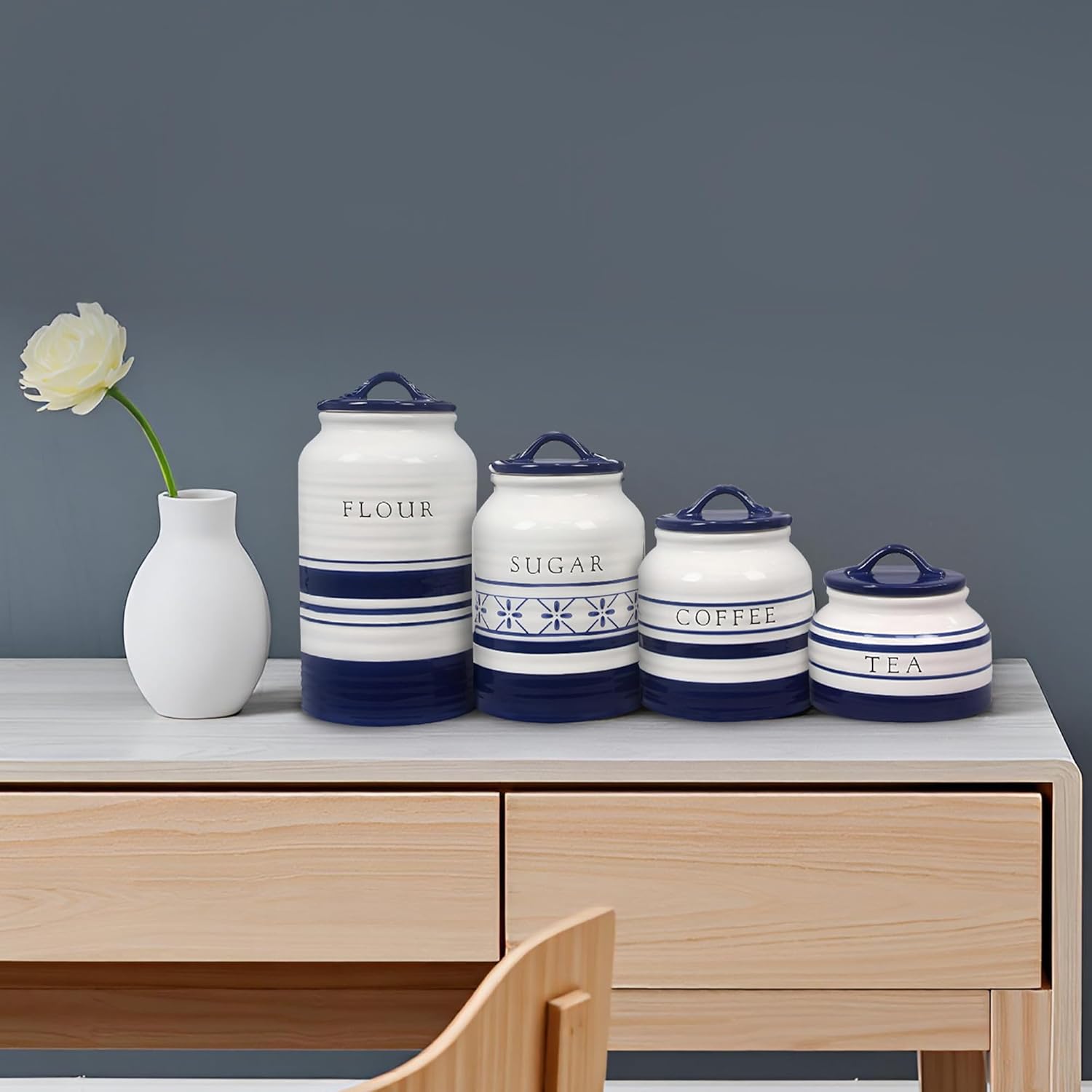 Young's Inc. 4 Pcs Set Casual Provincial Ceramic Canisters- Storage Container for Kitchen and
