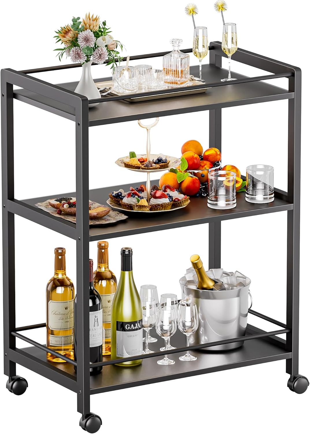 HITNET Bar Cart Black, Serving Cart for Home, 3 Tier Drinks Cart with Wheels, Rolling Beverage Cart