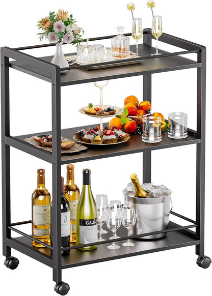 HITNET Bar Cart Black, Serving Cart for Home, 3 Tier Drinks Cart with Wheels, Rolling Beverage Cart