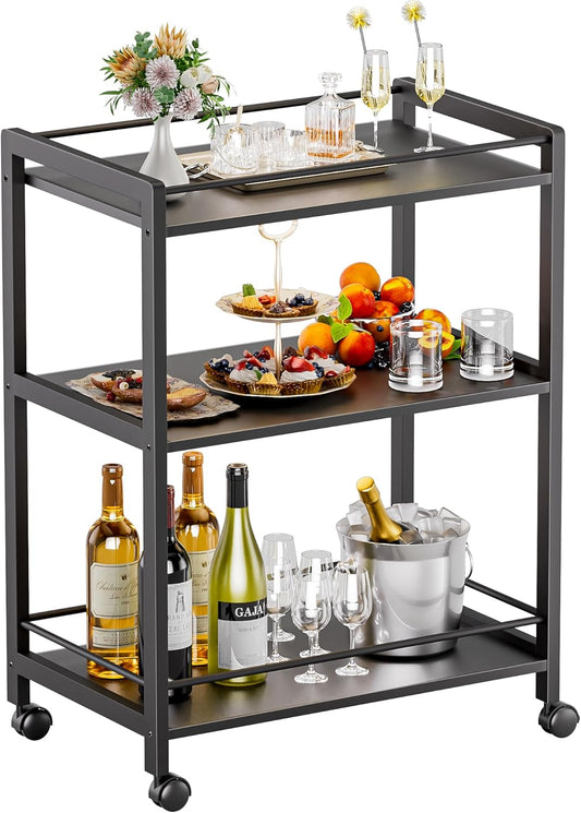 HITNET Bar Cart Black, Serving Cart for Home, 3 Tier Drinks Cart with Wheels, Rolling Beverage Cart