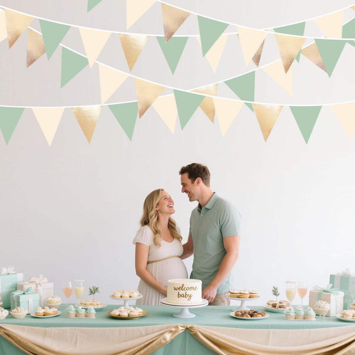 Sage Green Beige Champagne Gold Party Decorations Metallic Fabric Triangle Pennant Banner Bunting