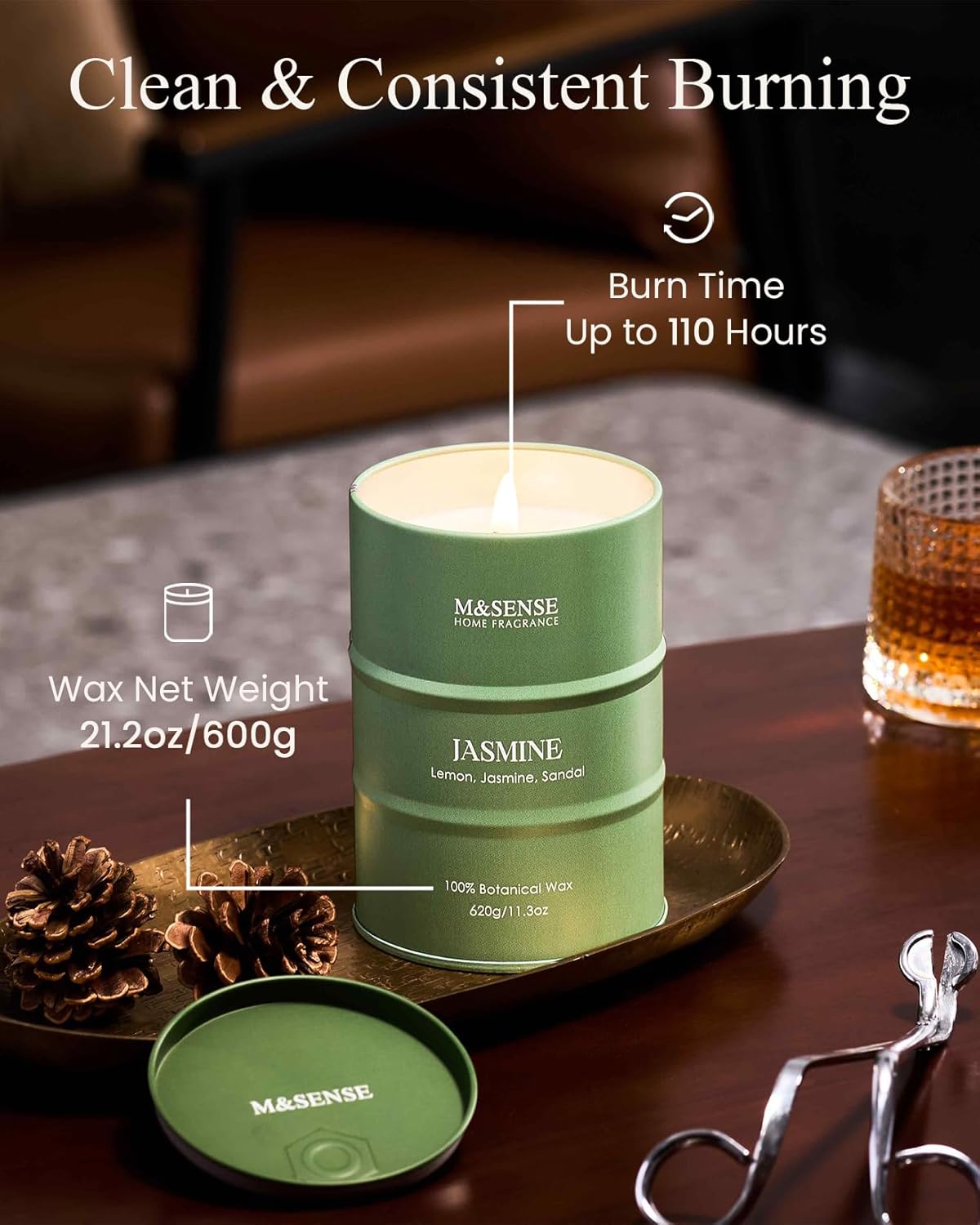 M&SENSE Jasmine Scented Candles Large, Natural Soy Candles 21.2oz 120 Hour Slow