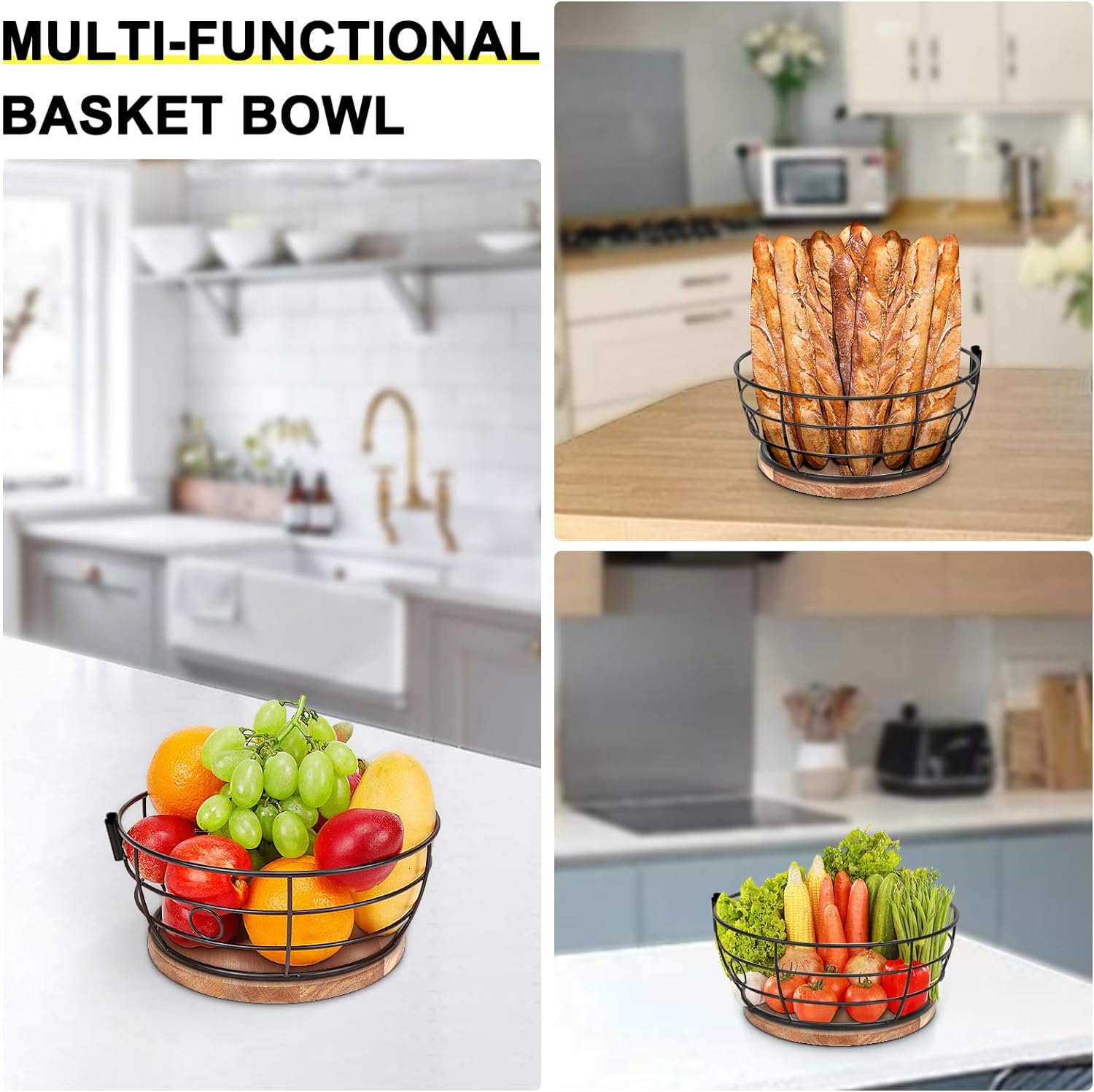 Livabber Countertop Fruit Basket Bowl with Banana Hanger, Modern Standing Fruit Vegetable Bowl