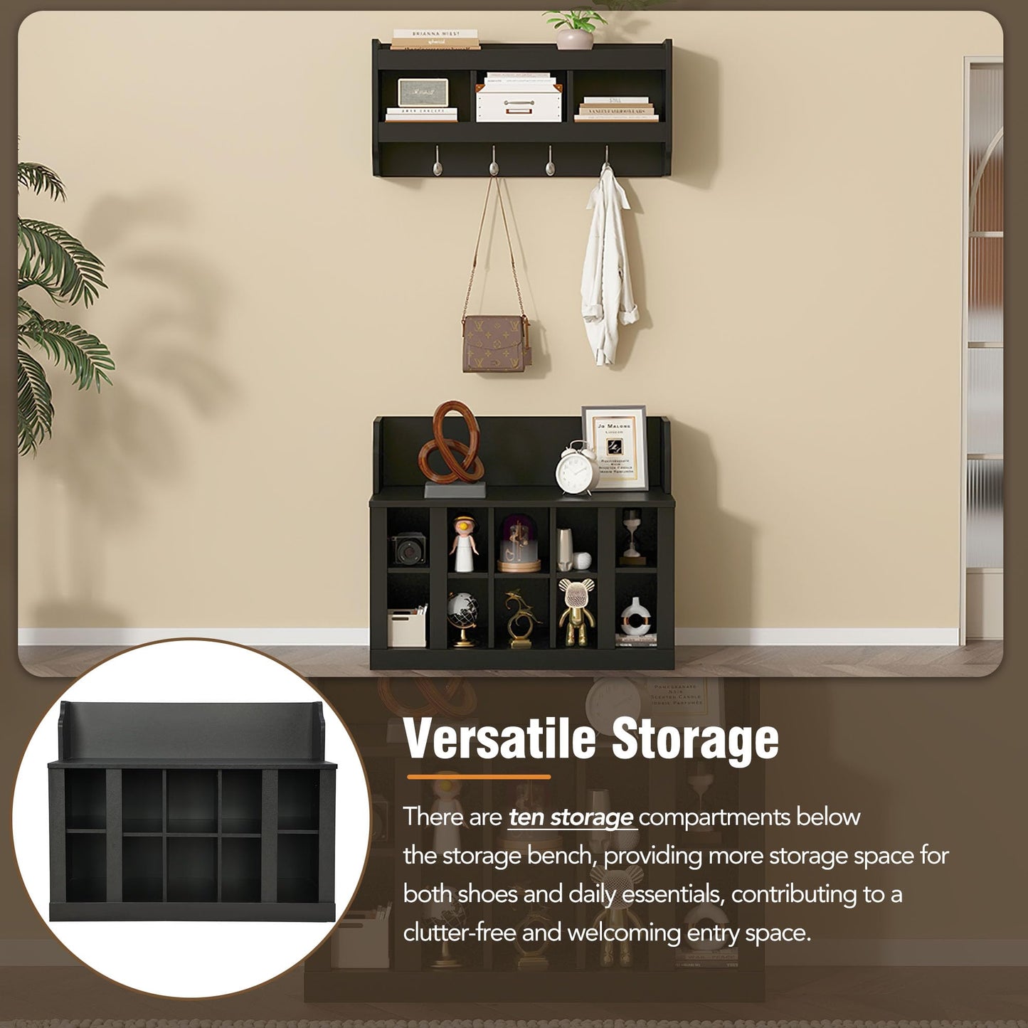 Shoe Storage Bench with Shelves and 4 Hooks, Entryway Hall Tree with Shoe Cabinets with Coat Rack