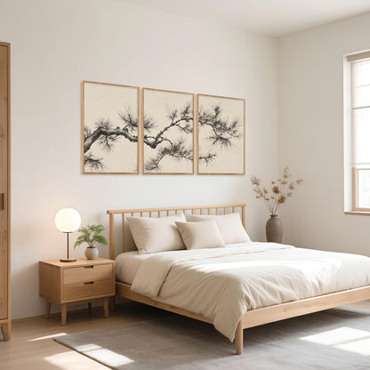 HPNIUB Vintage Sketch Pine Tree Framed Canvas Wall Art Set, Brown Antique Tree Branch Wall Decor