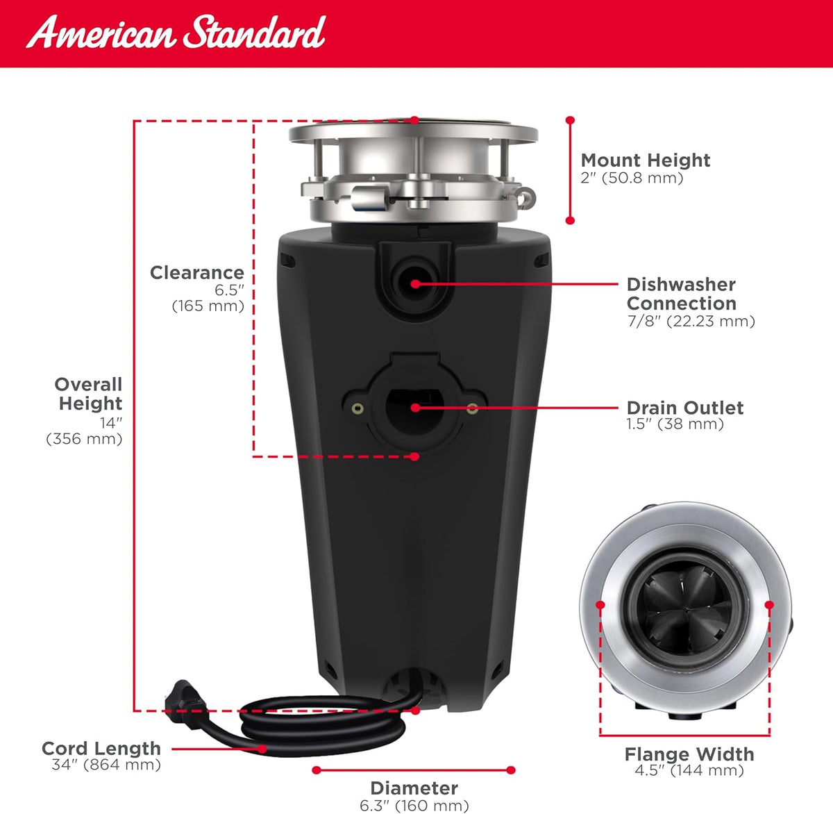 American Standard 10-US-AS-7-SL Garbage Disposal Anti-Jam Stainless Steel Food Waste Grinding