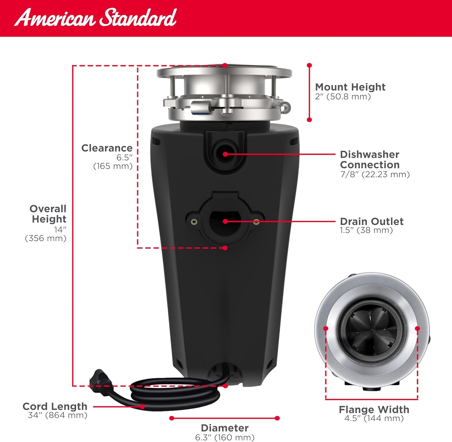 American Standard 10-US-AS-7-SL Garbage Disposal Anti-Jam Stainless Steel Food Waste Grinding