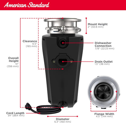 American Standard 10-US-AS-7-SL Garbage Disposal Anti-Jam Stainless Steel Food Waste Grinding
