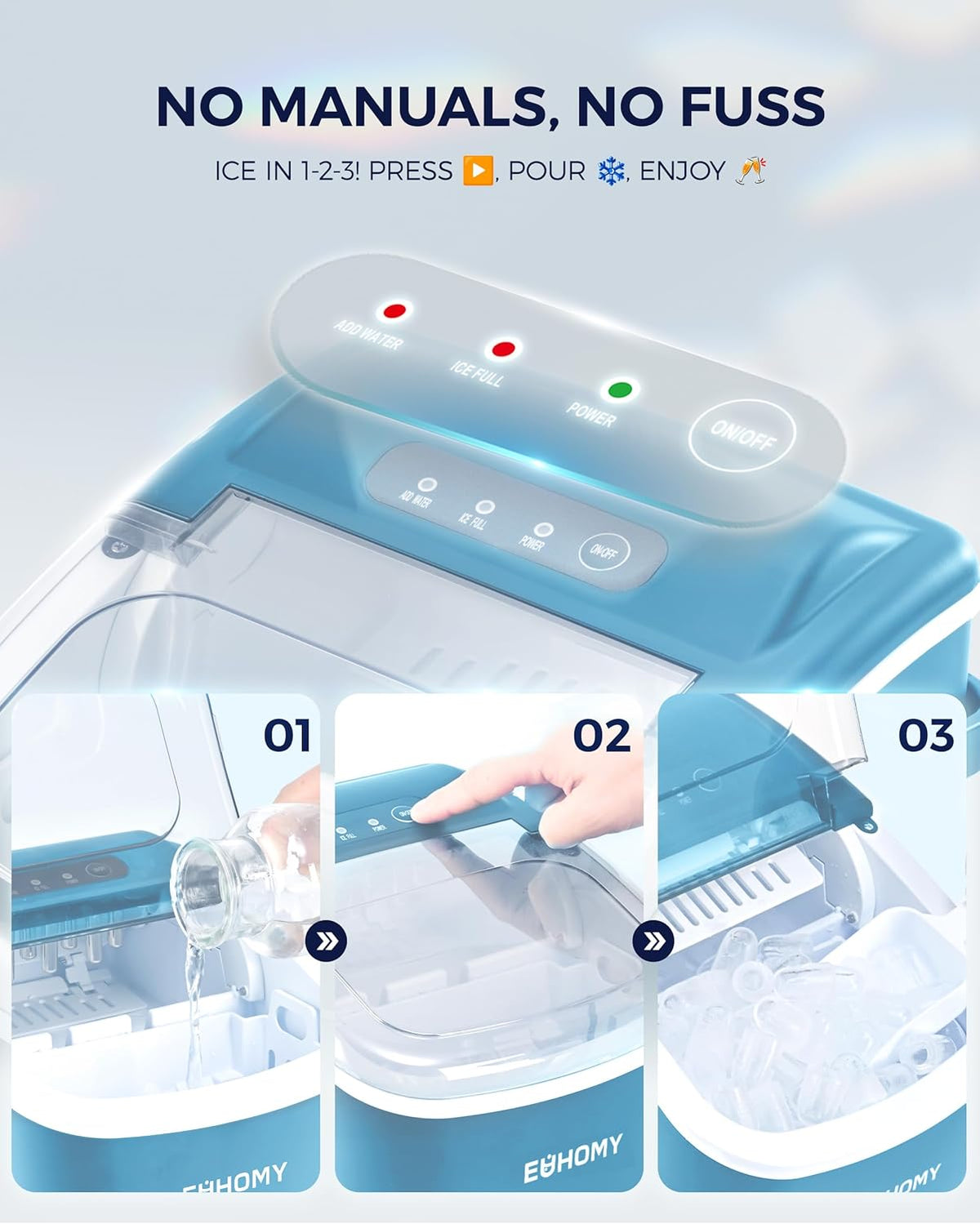 EUHOMY Countertop Ice Maker Machine with Handle, 26lbs Per Day, 9 Ice Cubes Ready in 6 Mins