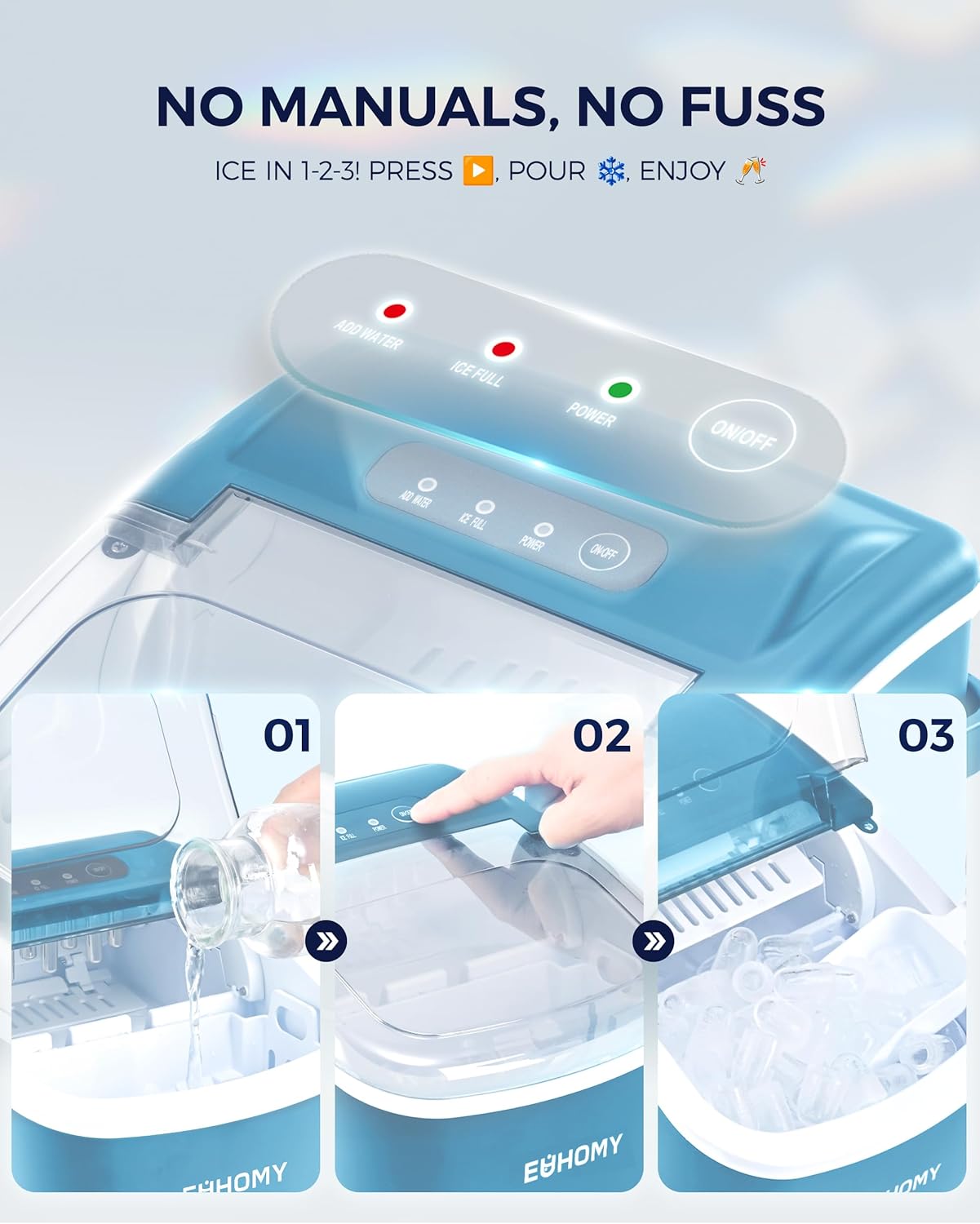 EUHOMY Countertop Ice Maker Machine with Handle, 26lbs Per Day, 9 Ice Cubes Ready in 6 Mins
