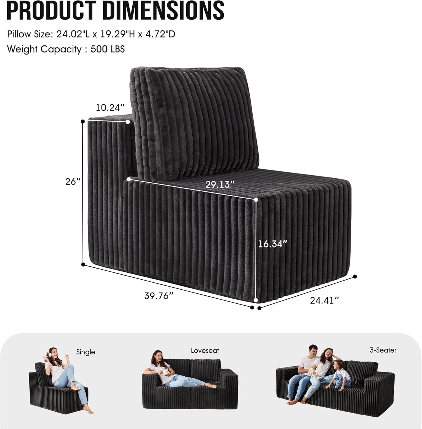 Single Sofa 1 Seat Couch with Deep Seat Memory Foam Cloud Chair with Pillows Large Sofa with L