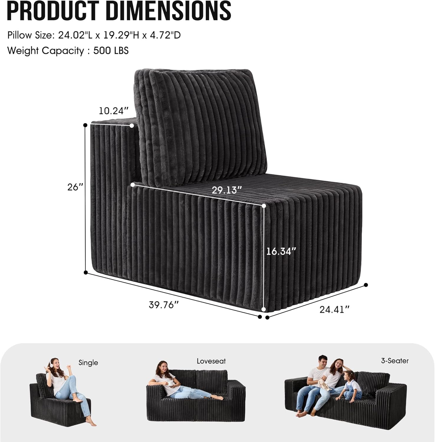 Single Sofa 1 Seat Couch with Deep Seat Memory Foam Cloud Chair with Pillows Large Sofa with L