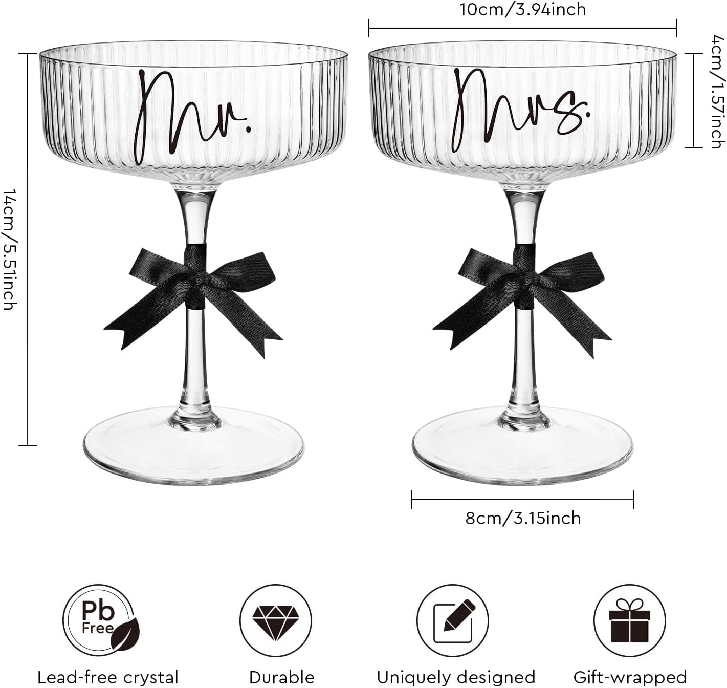 Ribbed Coupe Glasses for Anniversary Engagement Wedding Bridal Shower Gifts for Couple, Crystal