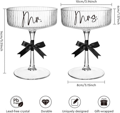 Ribbed Coupe Glasses for Anniversary Engagement Wedding Bridal Shower Gifts for Couple, Crystal