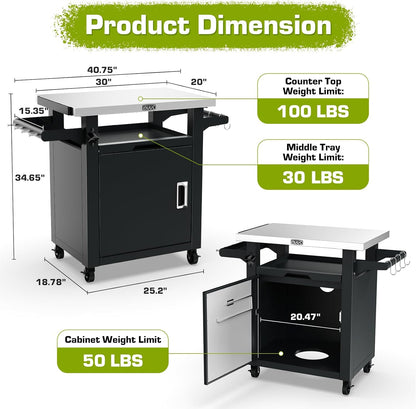 NUUK Grill Carts Outdoor with Enclosed Cabinet and Storage Drawer, Portable Patio Bar Cart with