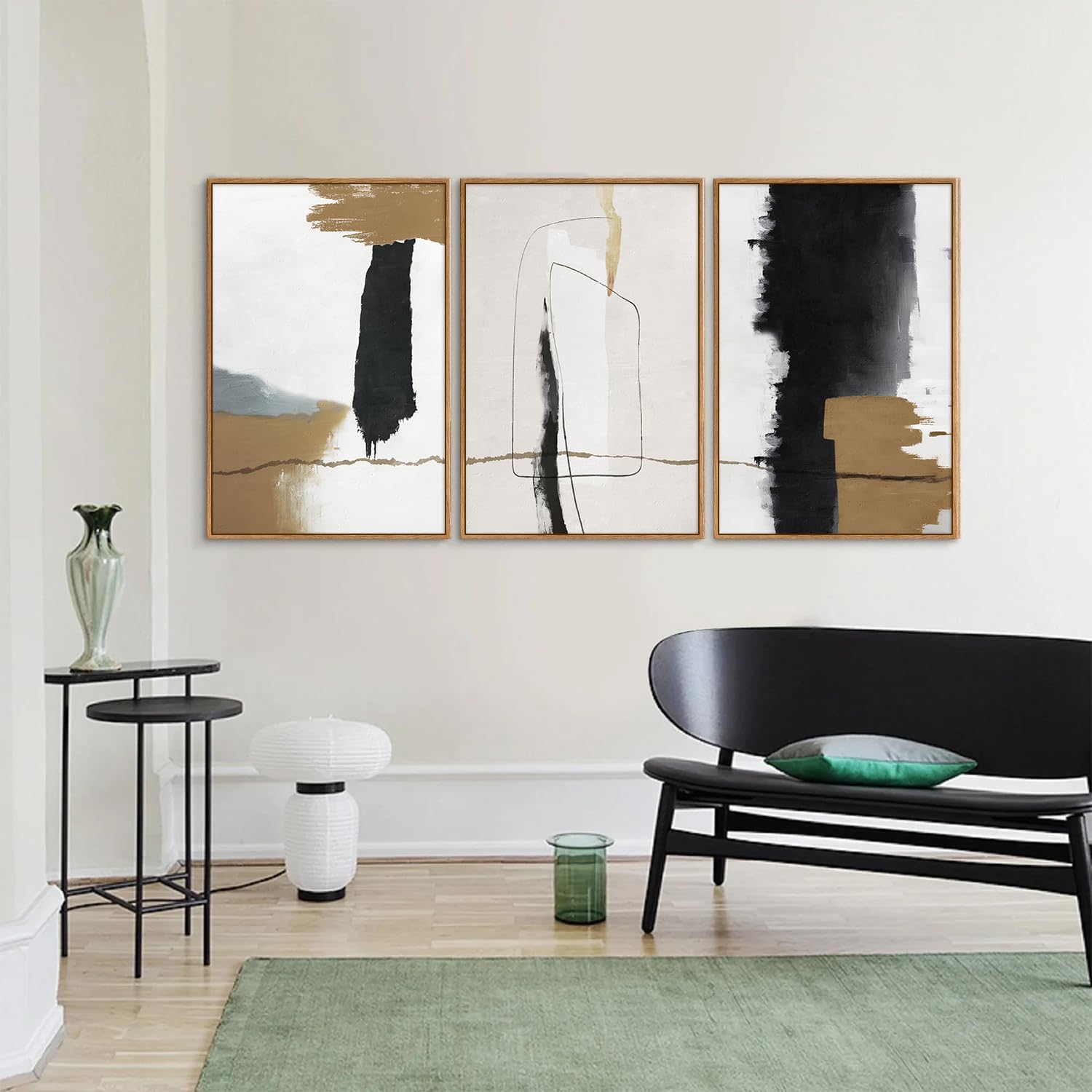 SIGNINART Black and White Abstract Framed Canvas Wall Art Set of 3, Beige Neutral Art Prints