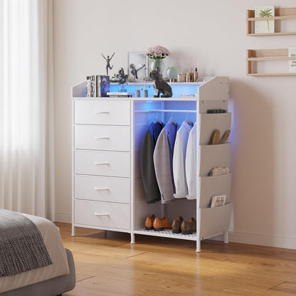 LUMTOK Modern 5 Dresser with LED Hanging Rack, Dresser with Clothes Rack, Hanger Rack, and Storage