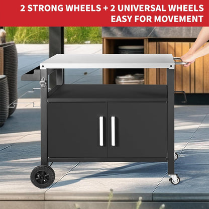 Grill Cart Table with Big Storage Cabinet, Movable Outdoor Dining Cart Pizza Oven Stand, Kitchen