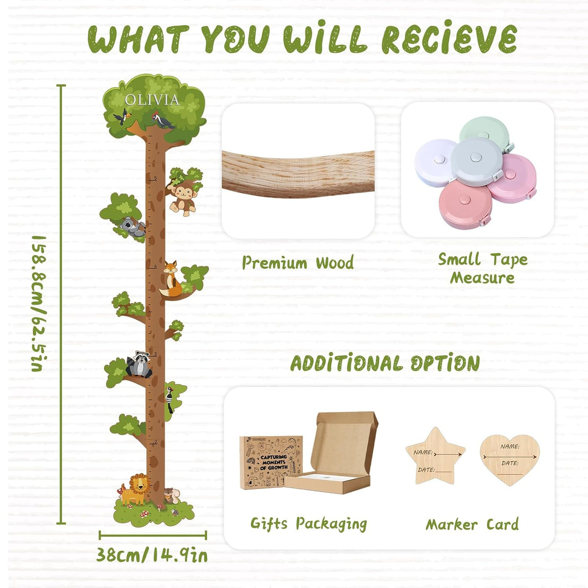 Wooden Surfboard Wall Decor Growth Chart,Tree Art Decor for Kids Room, Wood Tree Kids Sizing Chart