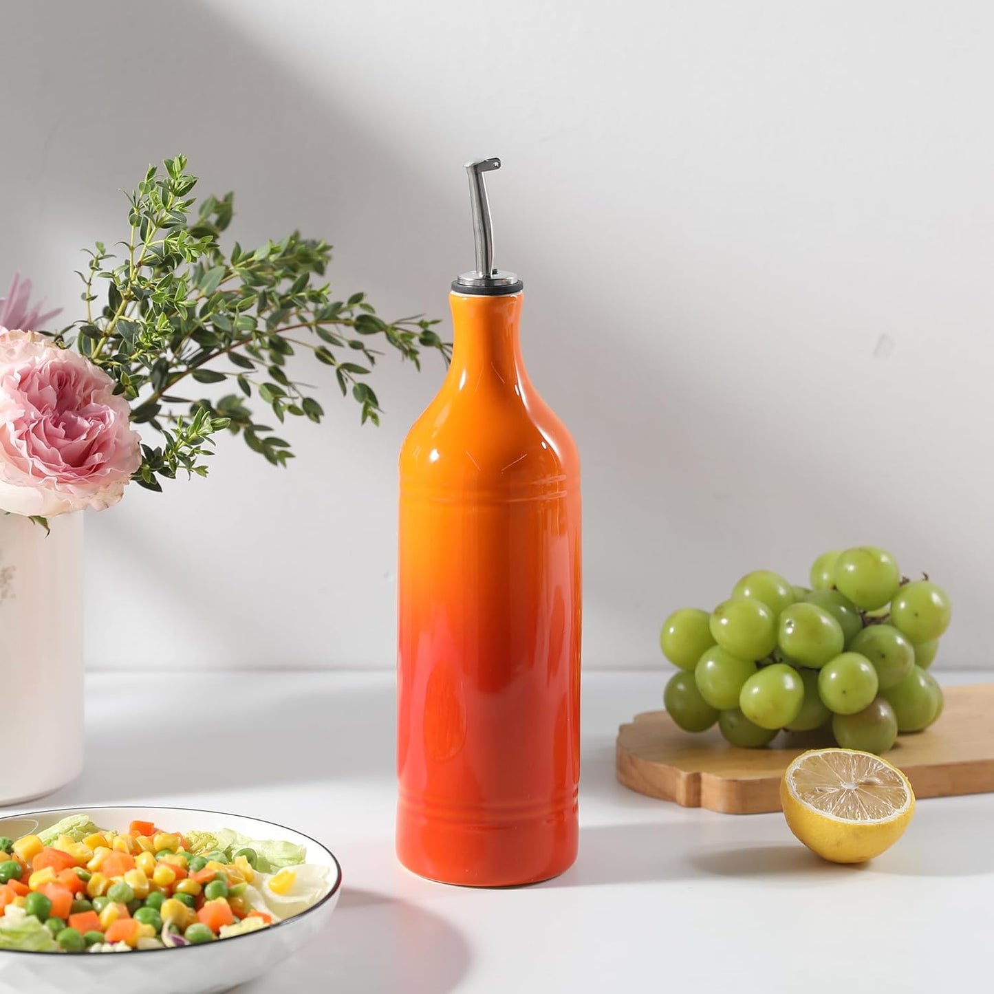 Sweejar Ceramic Olive Oil Dispenser Bottle, 20 Oz EVOO Oil and Vinegar Dispensing Bottle with Spout