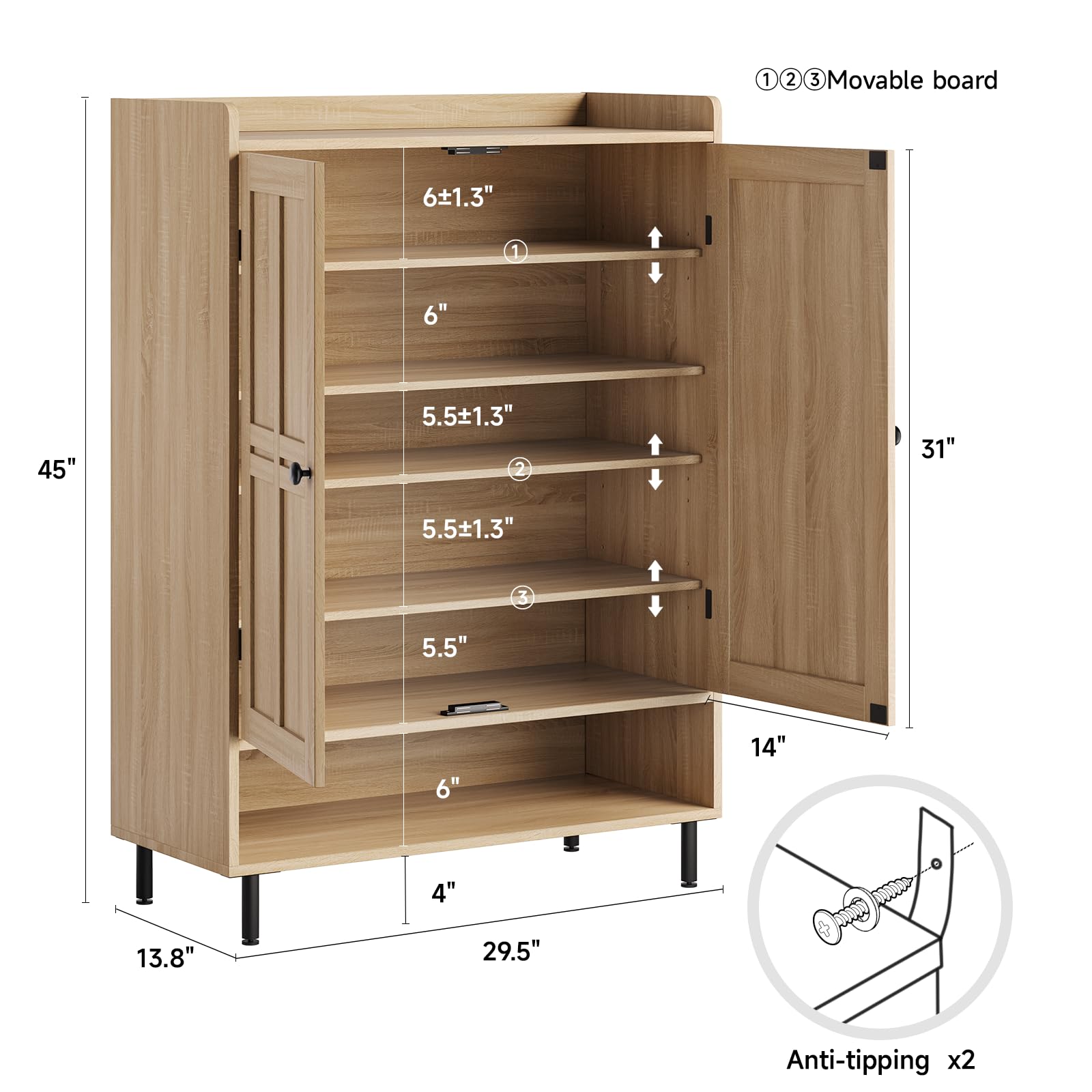 ComfyCorner Shoe Cabinet with Cross Molding Doors, 6-Tier Storage, Oak