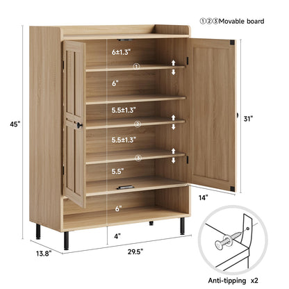 ComfyCorner Shoe Cabinet with Cross Molding Doors, 6-Tier Storage, Oak