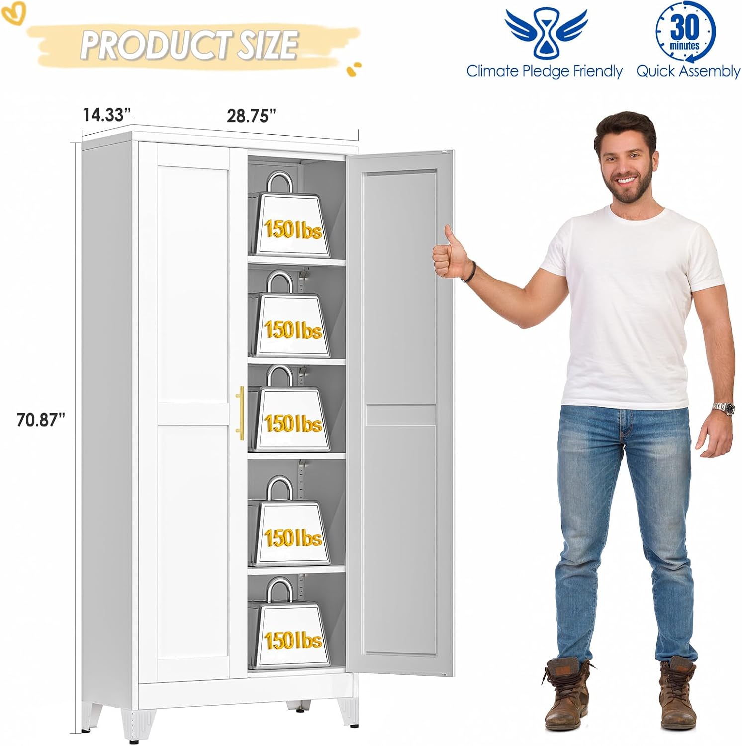 71" Tall Metal Storage Cabinet with 2 Doors and 4 Adjustable Shelves, Kitchen Pantry Cabinet White